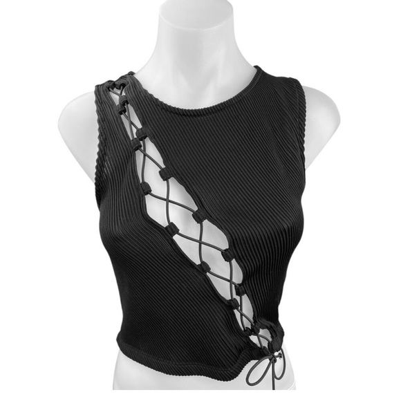 Princess Polly Tank Top Womens 8 Black Weekend Love Ribbed Lace Up Crop Tie - Picture 2 of 4